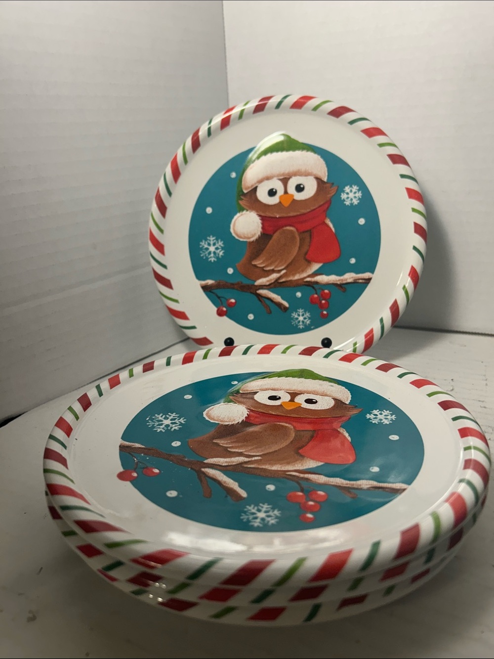 Holiday Owl Decorative Tin - Blue, White, Red, Green Set of 4